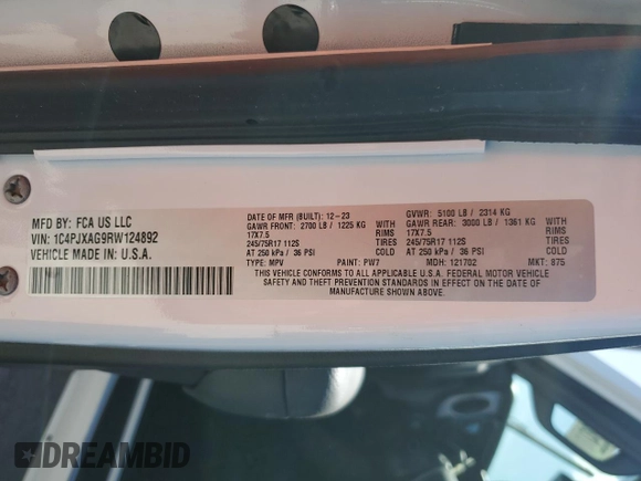 2024 Jeep Wrangler Sport with VIN 1C4PJXAG9RW124892, listed as a Copart auction lot 76882324 with Not provided miles and Salvage title. Bid and sale history available at DreamBid. Image 13.