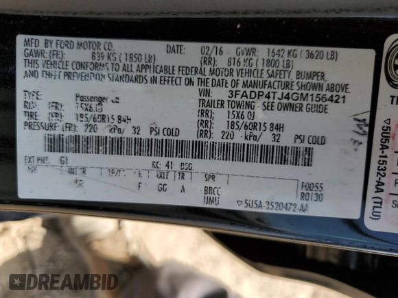 2016 Ford Fiesta S with VIN 3FADP4TJ4GM156421, listed as a Copart auction lot 60718775 with 99,528 mi miles and Salvage title. Bid and sale history available at DreamBid. Image 13.