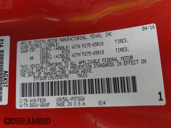 2016 Toyota Tundra 4WD Truck SR5 with VIN 5TFDW5F19GX550795, listed as a IAAI auction lot 41894023 with 174,637 mi miles. Bid and sale history available at carsss.com. Image 9.