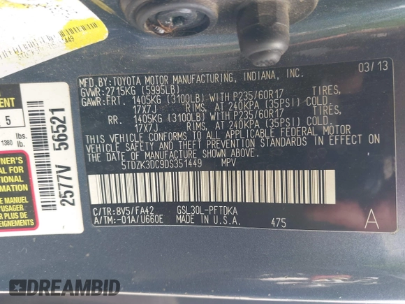2013 Toyota Sienna L with VIN 5TDZK3DC9DS351449, listed as a IAAI auction lot 42397699 with Not provided miles and . Bid and sale history available at DreamBid. Image 9.