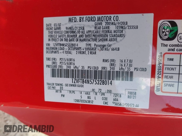 2007 Ford Mustang Deluxe with VIN 1ZVFT84N575328014, listed as a IAAI auction lot 41868433 with 110,680 mi miles and . Bid and sale history available at carsss.com. Image 9.