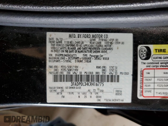 2012 Ford Fusion Hybrid с VIN 3FADP0L34CR416775, выставлен на аукционе Copart как лот 55108645 с пробегом 102 574 миль миль и Списание • Salvage title. История ставок и продаж доступна на DreamBid. Изображение 12.