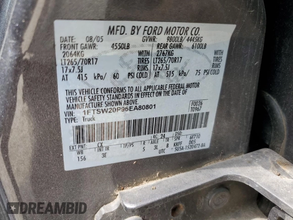 2006 Ford Super Duty F-250 XL with VIN 1FTSW20P96EA80801, listed as a Copart auction lot 72773784 with 166,985 mi miles and Salvage Title. Bid and sale history available at carsss.com. Image 12.