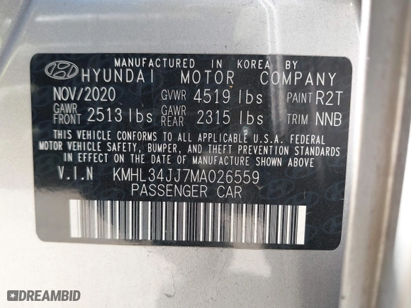 2021 Hyundai Sonata Hybrid SEL with VIN KMHL34JJ7MA026559, listed as a IAAI auction lot 41657589 with 119,019 mi miles. Bid and sale history available at carsss.com. Image 9.