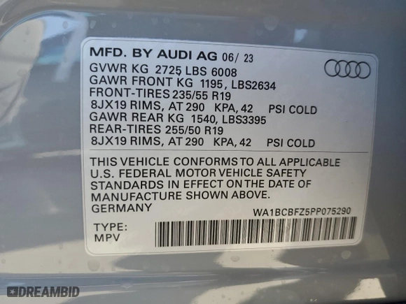 2023 Audi Q4 e-tron Premium Plus with VIN WA1BCBFZ5PP075290, listed as a Copart auction lot 73152213 with NaN miles. Bid and sale history available at carsss.com. Image 13.
