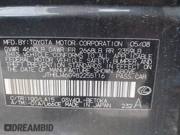 2008 Lexus ES 330 z VIN JTHBJ46G982255116, wystawiony jako IAAI lot #42192725 z przebiegiem 206 985 mil mil oraz . Historia ofert i sprzedaży dostępna na DreamBid. Obrazek 9.