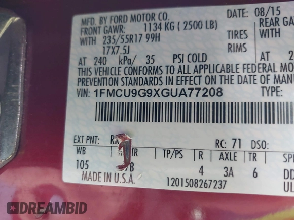 2016 Ford Escape SE with VIN 1FMCU9G9XGUA77208, listed as a IAAI auction lot 41666260 with 91,911 mi miles. Bid and sale history available at carsss.com. Image 9.