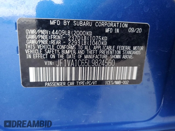 2020 Subaru WRX Premium with VIN JF1VA1C65L9824560, listed as a Copart auction lot 87464284 with 52,923 mi miles and Salvage Title. Bid and sale history available at carsss.com. Image 12.