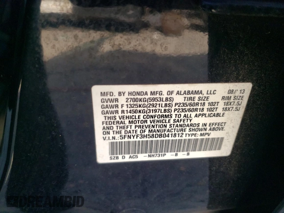 2013 Honda Pilot EX-L с VIN 5FNYF3H58DB041812, выставлен на аукционе Copart как лот 58415335 с пробегом 123 290 миль миль и Списание • Salvage title. История ставок и продаж доступна на DreamBid. Изображение 13.