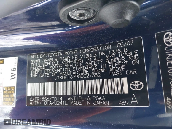 2008 Scion tC Spec z VIN JTKDE167980227382, wystawiony jako IAAI lot #41631691 z przebiegiem 155 801 mil mil oraz . Historia ofert i sprzedaży dostępna na DreamBid. Obrazek 9.