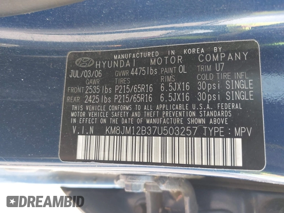 2007 Hyundai Tucson GLS with VIN KM8JM12B37U503257, listed as a IAAI auction lot 42173766 with 122,934 mi miles. Bid and sale history available at carsss.com. Image 9.
