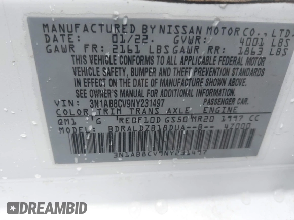 2022 Nissan Sentra SV with VIN 3N1AB8CV9NY231497, listed as a IAAI auction lot 42015906 with 31,792 mi miles and . Bid and sale history available at DreamBid. Image 9.