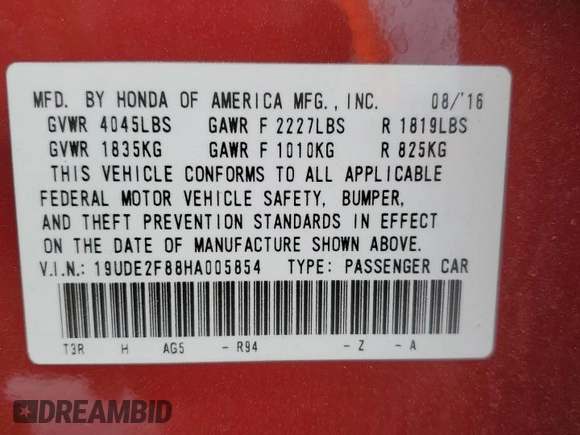 2017 Acura ILX w/Premium/A-SPEC Pkg with VIN 19UDE2F88HA005854, listed as a Copart auction lot 83046454 with 29,836 mi miles and Salvage Title. Bid and sale history available at carsss.com. Image 15.