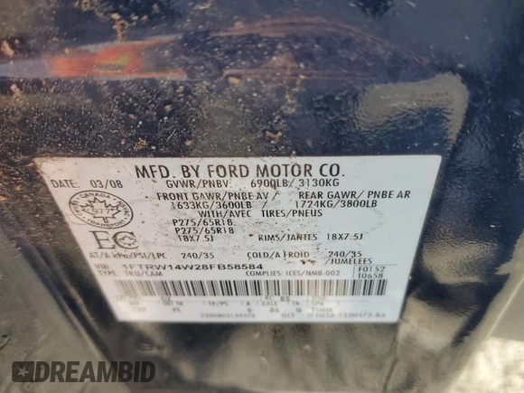 2008 Ford F-150 XL with VIN 1FTRW14W28FB58584, listed as a Copart auction lot 46130185 with 206,861 mi miles and Salvage Title. Bid and sale history available at carsss.com. Image 12.