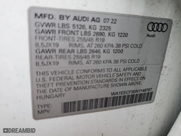 2022 Audi Q3 S line Premium Plus with VIN WA1EECF30N1148767, listed as a Copart auction lot 42985705 with 0 mi miles and Salvage Title. Bid and sale history available at carsss.com. Image 12.