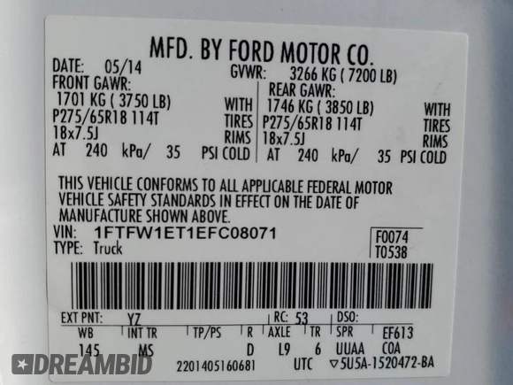 2014 Ford F-150 XL with VIN 1FTFW1ET1EFC08071, listed as a Copart auction lot 47290205 with 151,359 mi miles and Salvage Title. Bid and sale history available at carsss.com. Image 15.