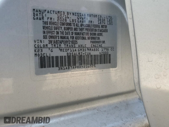 2017 Nissan Sentra SR z VIN 3N1AB7APXHY216025, wystawiony jako Copart lot #86769744 z przebiegiem 81 489 mil mil oraz Szkoda całkowita • Salvage title. Historia ofert i sprzedaży dostępna na DreamBid. Obrazek 15.