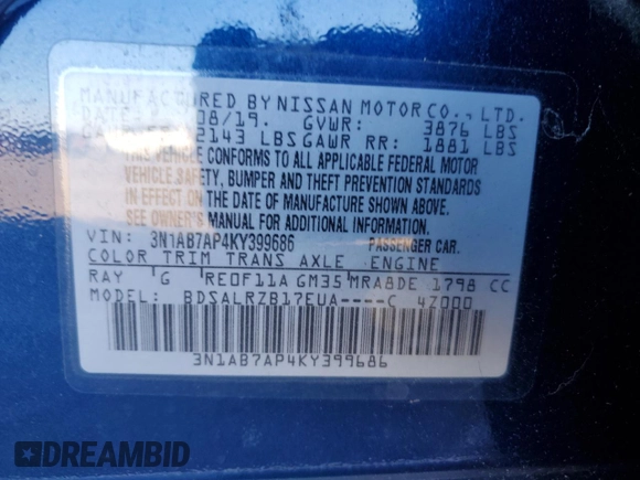 2019 Nissan Sentra SR with VIN 3N1AB7AP4KY399686, listed as a Copart auction lot 86449224 with 35,101 mi miles and Salvage Title. Bid and sale history available at carsss.com. Image 14.