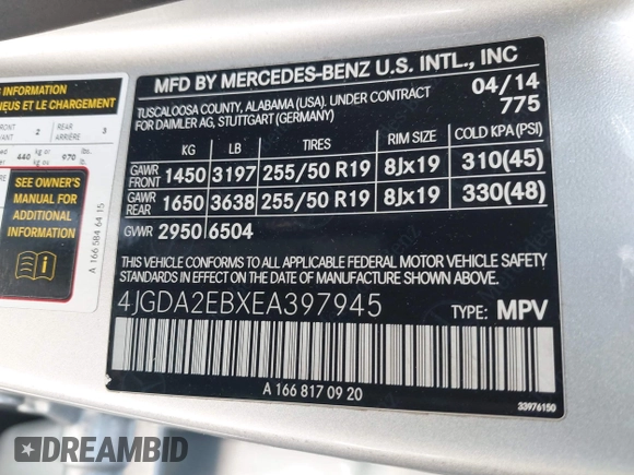 2014 Mercedes-Benz M 350 with VIN 4JGDA2EBXEA397945, listed as a IAAI auction lot 41930366 with 96,454 mi miles and . Bid and sale history available at DreamBid. Image 9.