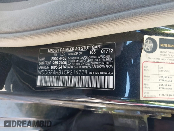 2012 Mercedes-Benz C-Class C 250 Sport with VIN WDDGF4HB1CR216228, listed as a IAAI auction lot 41865295 with 153,361 mi miles. Bid and sale history available at carsss.com. Image 9.