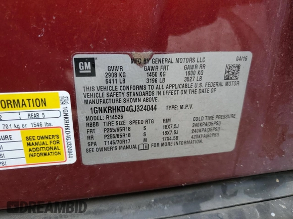 2016 Chevrolet Traverse LT with VIN 1GNKRHKD4GJ324044, listed as a Copart auction lot 55445295 with 127,450 mi miles and Salvage title. Bid and sale history available at DreamBid. Image 13.