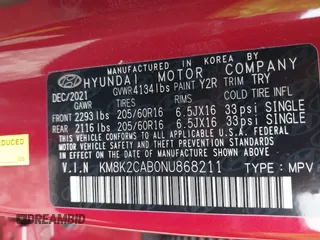 2022 Hyundai Kona SE with VIN KM8K2CAB0NU868211, listed as a IAAI auction lot 41901790 with 37,589 mi miles. Bid and sale history available at carsss.com. Image 9.