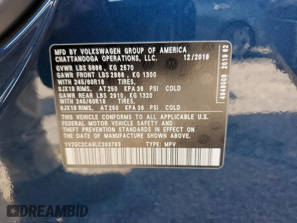 2020 Volkswagen Atlas S z VIN 1V2GC2CA9LC203783, wystawiony jako Copart lot #65837433 z przebiegiem 32 807 mil mil oraz . Historia ofert i sprzedaży dostępna na DreamBid. Obrazek 12.