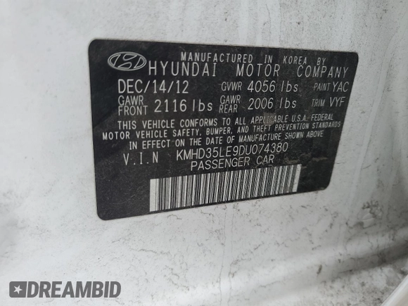 2013 Hyundai Elantra with VIN KMHD35LE9DU074380, listed as a Copart auction lot 88419785 with 131,881 mi miles and Salvage title. Bid and sale history available at DreamBid. Image 12.