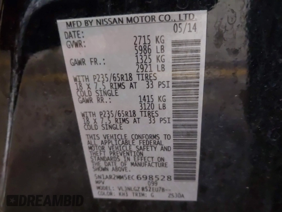 2014 Nissan Pathfinder S with VIN 5N1AR2MM5EC698528, listed as a IAAI auction lot 41270744 with 129,817 mi miles and . Bid and sale history available at DreamBid. Image 9.