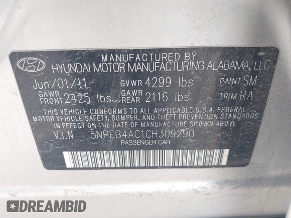 2012 Hyundai Sonata GLS with VIN 5NPEB4AC1CH309290, listed as a IAAI auction lot 41854534 with 178,919 mi miles. Bid and sale history available at carsss.com. Image 9.