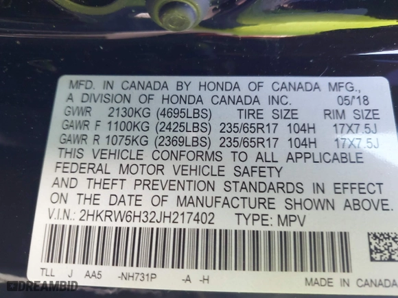 2018 Honda CR-V LX with VIN 2HKRW6H32JH217402, listed as a IAAI auction lot 41760340 with 69,515 mi miles. Bid and sale history available at carsss.com. Image 9.