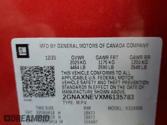 2021 Chevrolet Equinox Premier with VIN 2GNAXNEVXM6135783, listed as a Copart auction lot 58074745 with 45,952 mi miles and Salvage title. Bid and sale history available at DreamBid. Image 13.