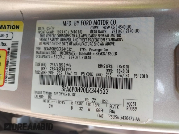 2014 Ford Fusion SE with VIN 3FA6P0H90ER344532, listed as a IAAI auction lot 41779138 with 170,042 mi miles and . Bid and sale history available at carsss.com. Image 9.