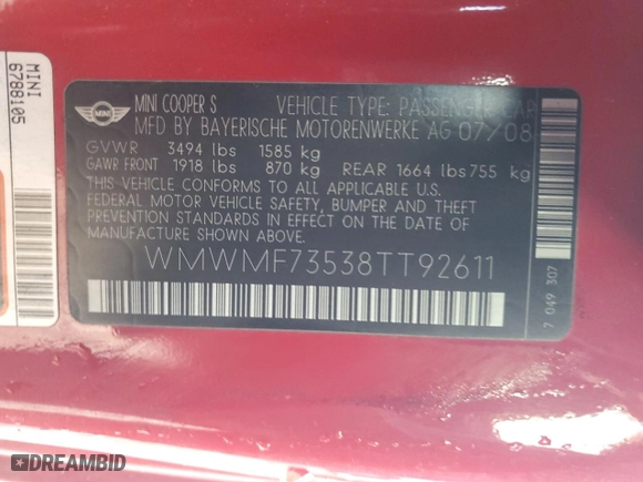 2008 MINI Cooper Hardtop S with VIN WMWMF73538TT92611, listed as a Copart auction lot 88567525 with NaN miles and Non Repairable. Bid and sale history available at carsss.com. Image 12.