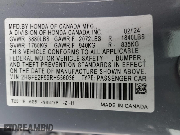 2024 Honda Civic Sport z VIN 2HGFE2F59RH556036, wystawiony jako Copart lot #57328085 z przebiegiem 31 339 mil mil oraz Szkoda całkowita • Salvage title. Historia ofert i sprzedaży dostępna na DreamBid. Obrazek 12.