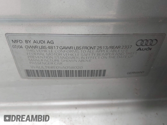 2005 Audi A4 3.0L z VIN WAULT68E05A058020, wystawiony jako IAAI lot #42088072 z przebiegiem Nie podano mil oraz . Historia ofert i sprzedaży dostępna na DreamBid. Obrazek 9.