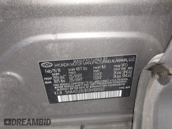 2018 Hyundai Santa Fe 2.4L with VIN 5NMZU3LB1JH100507, listed as a IAAI auction lot 42182116 with 103,826 mi miles and . Bid and sale history available at DreamBid. Image 9.