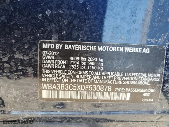 2013 BMW 3 Series 328i xDrive with VIN WBA3B3C5XDF530878, listed as a Copart auction lot 42136075 with 122,479 mi miles and Salvage Title. Bid and sale history available at carsss.com. Image 14.