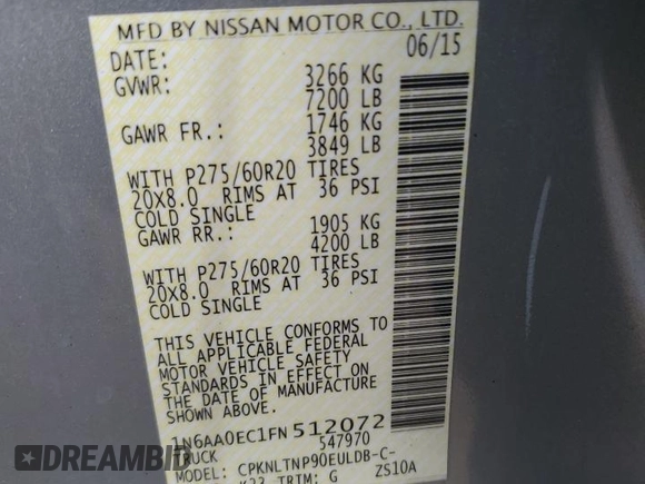 2015 Nissan Titan Pro-4X with VIN 1N6AA0EC1FN512072, listed as a Copart auction lot 85733174 with 92,460 mi miles and Salvage title. Bid and sale history available at DreamBid. Image 13.