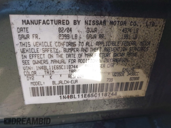 2005 Nissan Altima SE with VIN 1N4BL11E65C118744, listed as a IAAI auction lot 41390942 with 1 mi miles. Bid and sale history available at carsss.com. Image 9.