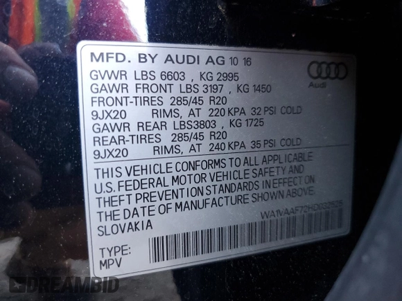2017 Audi Q7 Prestige with VIN WA1VAAF72HD032525, listed as a Copart auction lot 59913455 with 72,175 mi miles and Clean title. Bid and sale history available at DreamBid. Image 13.
