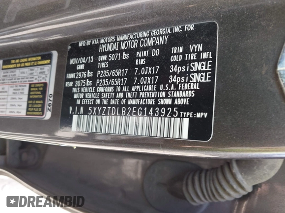 2014 Hyundai Santa Fe with VIN 5XYZTDLB2EG143925, listed as a IAAI auction lot 42243761 with 126,058 mi miles and . Bid and sale history available at DreamBid. Image 9.