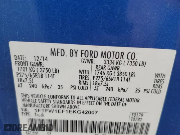 2014 Ford F-150 XL with VIN 1FTFW1EF1EKG42007, listed as a Copart auction lot 49148105 with 192,228 mi miles and Salvage Title. Bid and sale history available at carsss.com. Image 12.