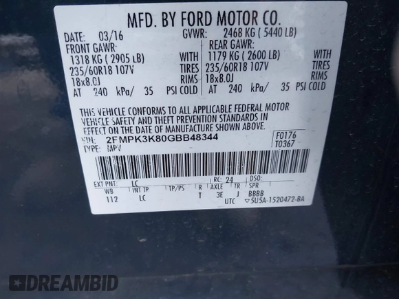 2016 Ford Edge Titanium with VIN 2FMPK3K80GBB48344, listed as a IAAI auction lot 40812473 with 65,999 mi miles. Bid and sale history available at carsss.com. Image 9.
