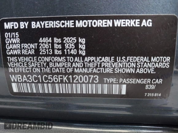 2015 BMW 3 Series 328i with VIN WBA3C1C56FK120073, listed as a IAAI auction lot 42571784 with 162,400 mi miles and . Bid and sale history available at DreamBid. Image 9.