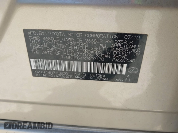 2010 Lexus ES 330 z VIN JTHBK1EG4A2409170, wystawiony jako IAAI lot #41742972 z przebiegiem 149 313 mil mil oraz . Historia ofert i sprzedaży dostępna na DreamBid. Obrazek 9.