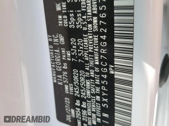 2024 Kia Telluride SX with VIN 5XYP54GC7RG427657, listed as a Copart auction lot 53308975 with Not provided miles and Salvage title. Bid and sale history available at DreamBid. Image 13.