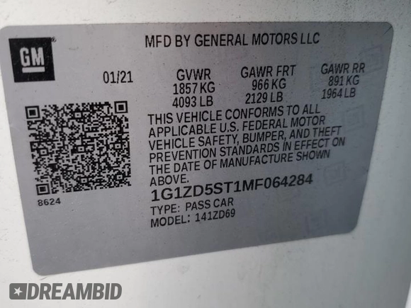 2021 Chevrolet Malibu LT with VIN 1G1ZD5ST1MF064284, listed as a Copart auction lot 53888495 with 96,805 mi miles and Salvage Title. Bid and sale history available at DreamBid. Image 12.