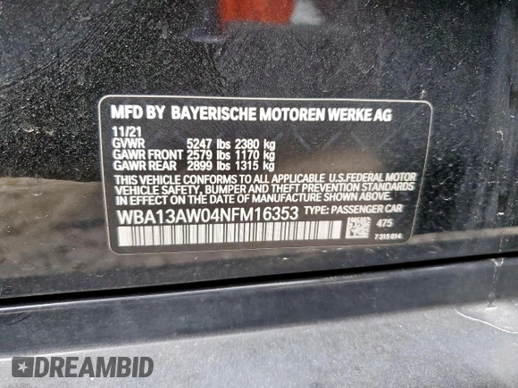 2022 BMW 4 Series M440i xDrive with VIN WBA13AW04NFM16353, listed as a Copart auction lot 61176795 with 39,619 mi miles and Salvage title. Bid and sale history available at DreamBid. Image 12.