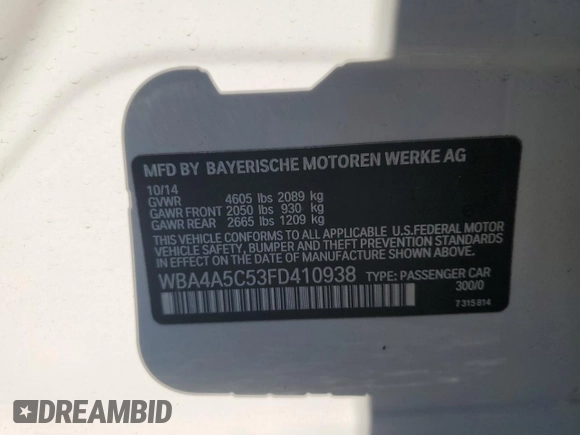 2015 BMW 4 Series 428i with VIN WBA4A5C53FD410938, listed as a Copart auction lot 49051655 with 114,459 mi miles and Salvage Title. Bid and sale history available at DreamBid. Image 12.